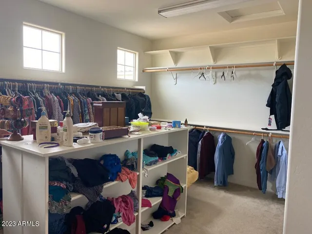 a view of walk in closet with clothes and shoes