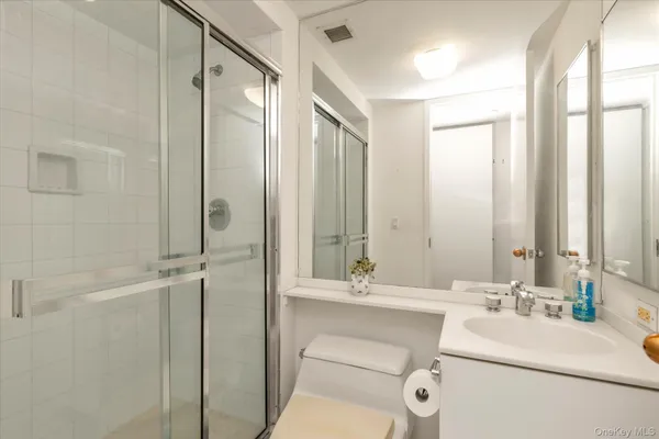 a bathroom with a double vanity sink mirror and shower
