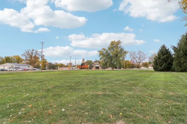 a view of field with large trees