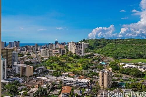 a city view with tall buildings