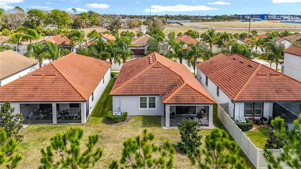 an aerial view of residential houses with outdoor space