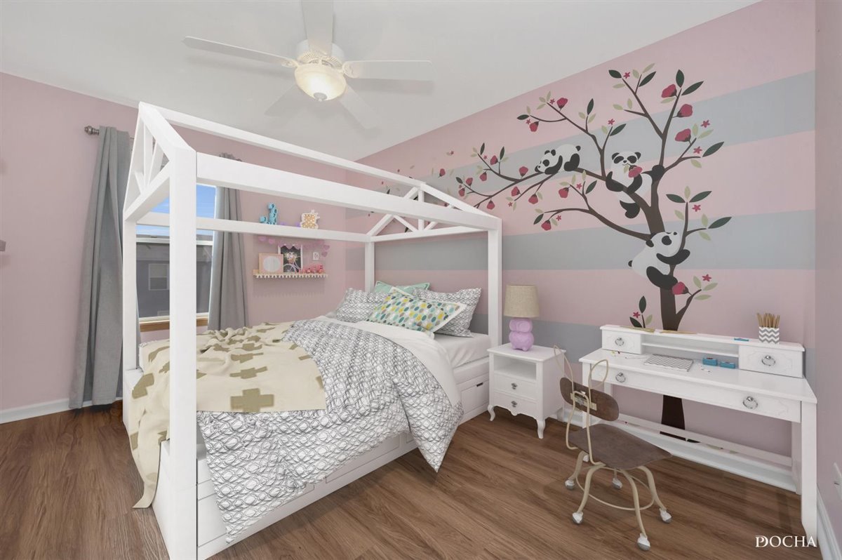 3715 Harms Road Joliet, IL 60435 - Photo 21 of 28 a bedroom with a bed and a chandelier