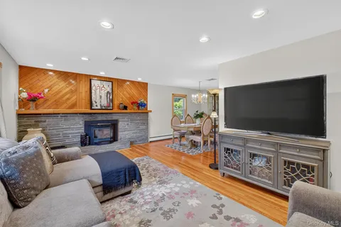 a living room with fireplace furniture and a flat screen tv