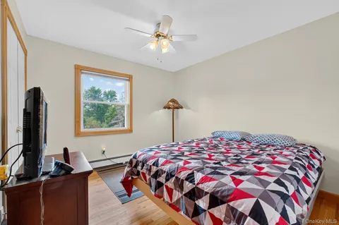 a bedroom with a bed and a flat screen tv