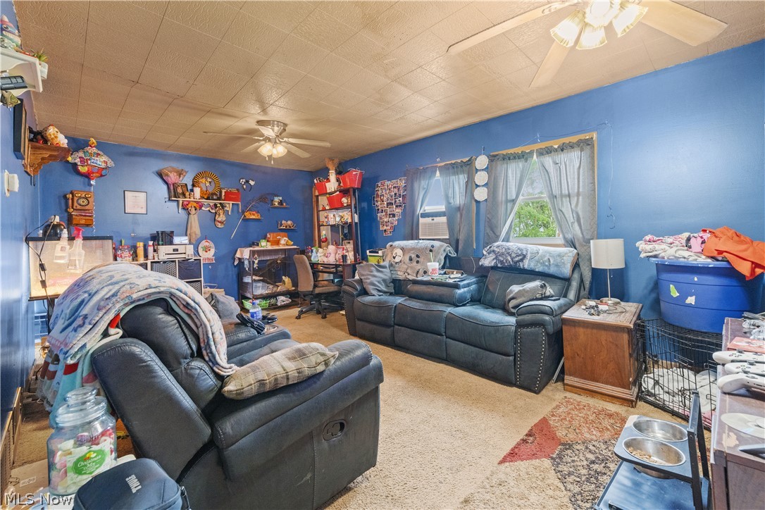 68-70 East Sunset Drive Rittman, OH 44270 - Photo 9 of 49 Carpeted living area featuring blue walls and a textured ceiling