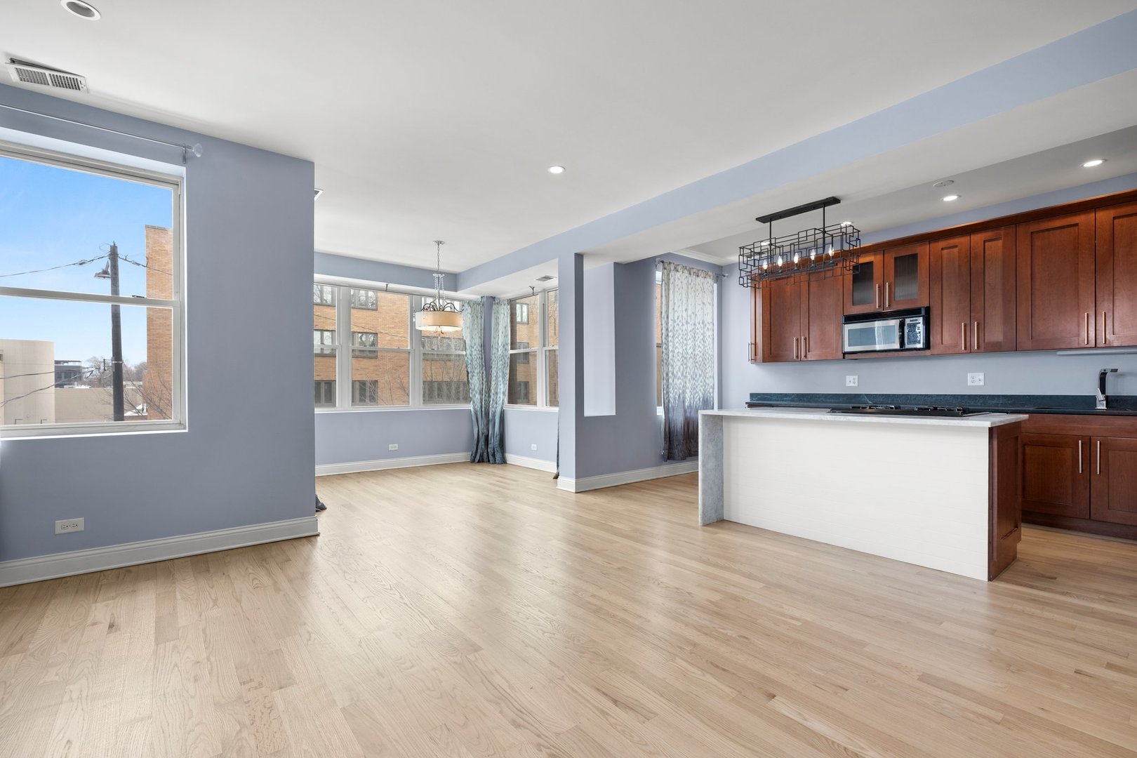 1122 North Oakley Boulevard, Unit C Chicago, IL 60622 - Photo 9 of 23 a large kitchen with stainless steel appliances granite countertop a large counter top and a wooden floors