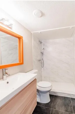 a bathroom with a sink a toilet and a shower