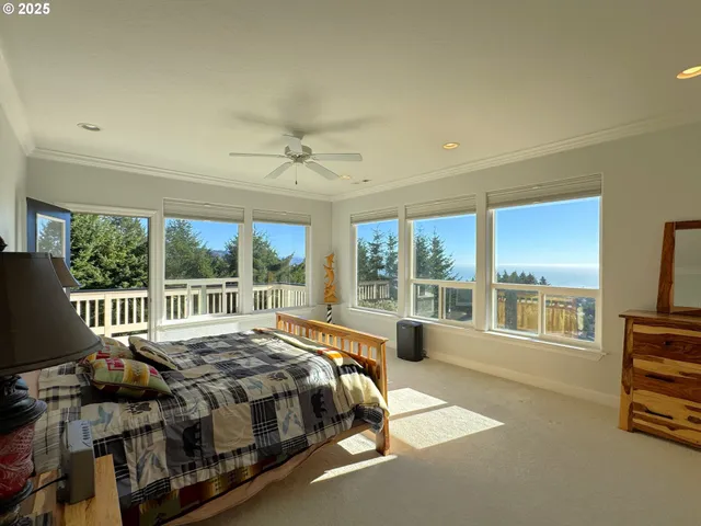 a spacious bedroom with a bed and a large window