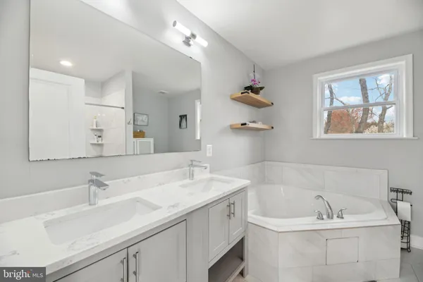 a bathroom with a tub shower vanity and a sink