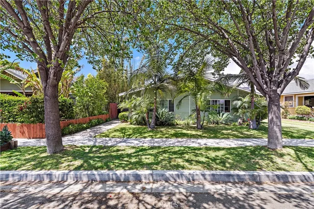 a view of a yard in front of a house with a tree