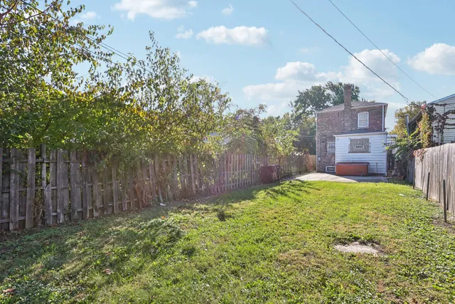 a view of a backyard with potted plants and tree