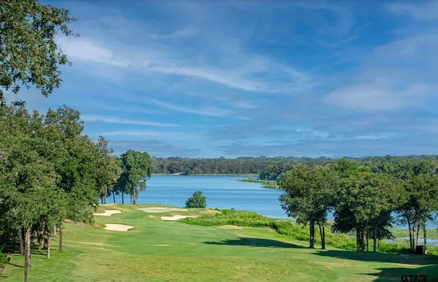 a view of a lake with houses in the background