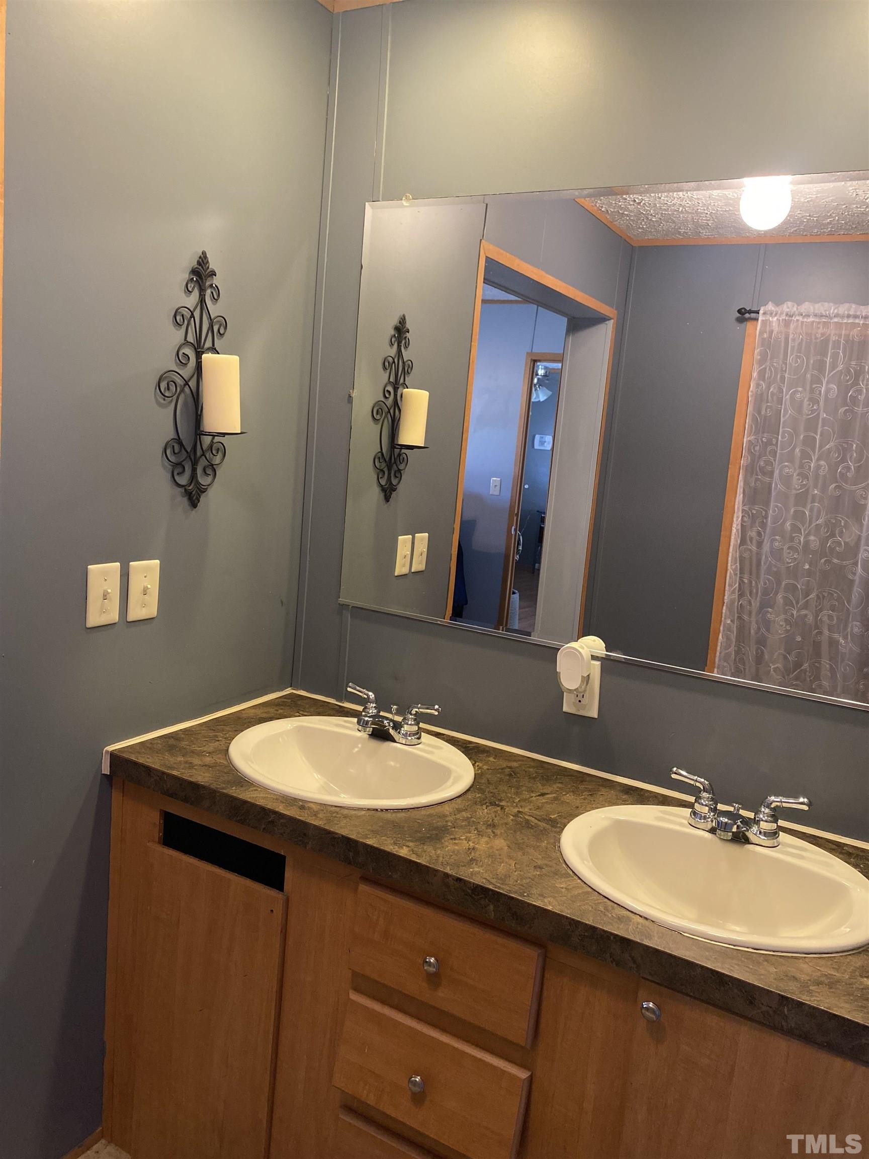 63 Rougemont Road Rougemont, NC 27572 - Photo 15 of 36 a bathroom with a double vanity sink and a mirror
