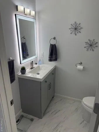 a bathroom with a sink vanity and toilet