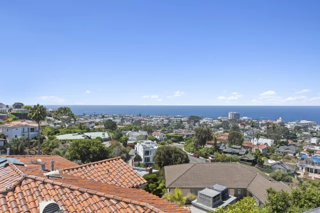an aerial view of residential houses with city view