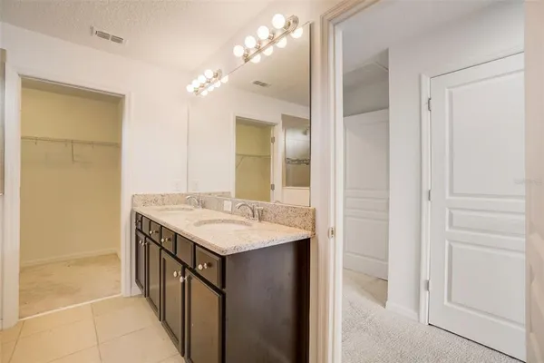 a bathroom with a sink mirror and shower