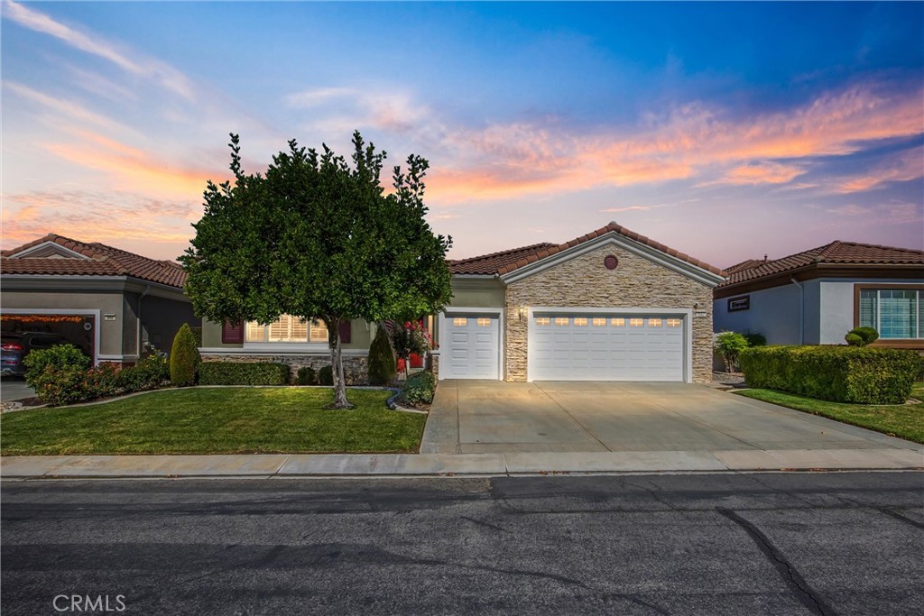 a front view of a house with a yard and garage