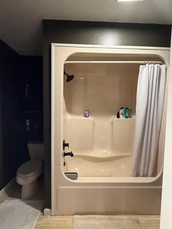 a bathroom with a bathtub
