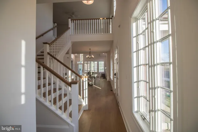 a view of staircase with lots of frames and a rug