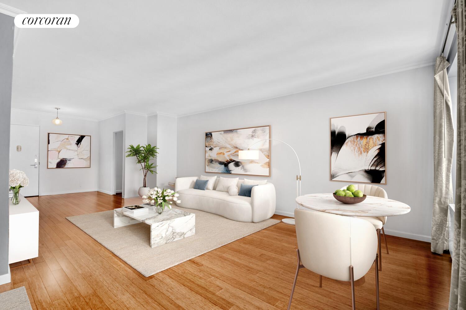 205 3rd Avenue, Unit 12A Manhattan, NY 10003 - Photo 3 of 11 a living room with furniture and flowers on table with wooden floor