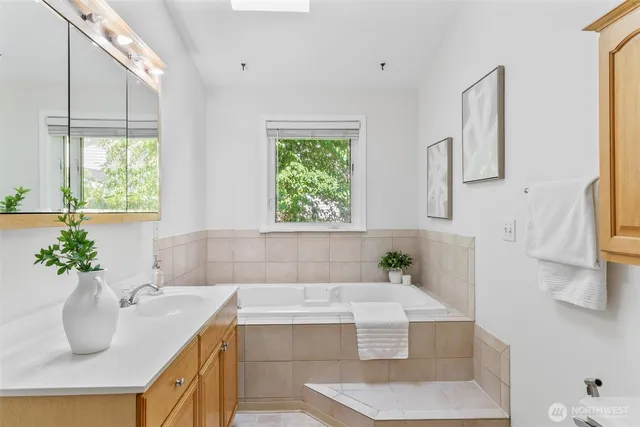 a bathroom with a sink a vanity and a potted plant
