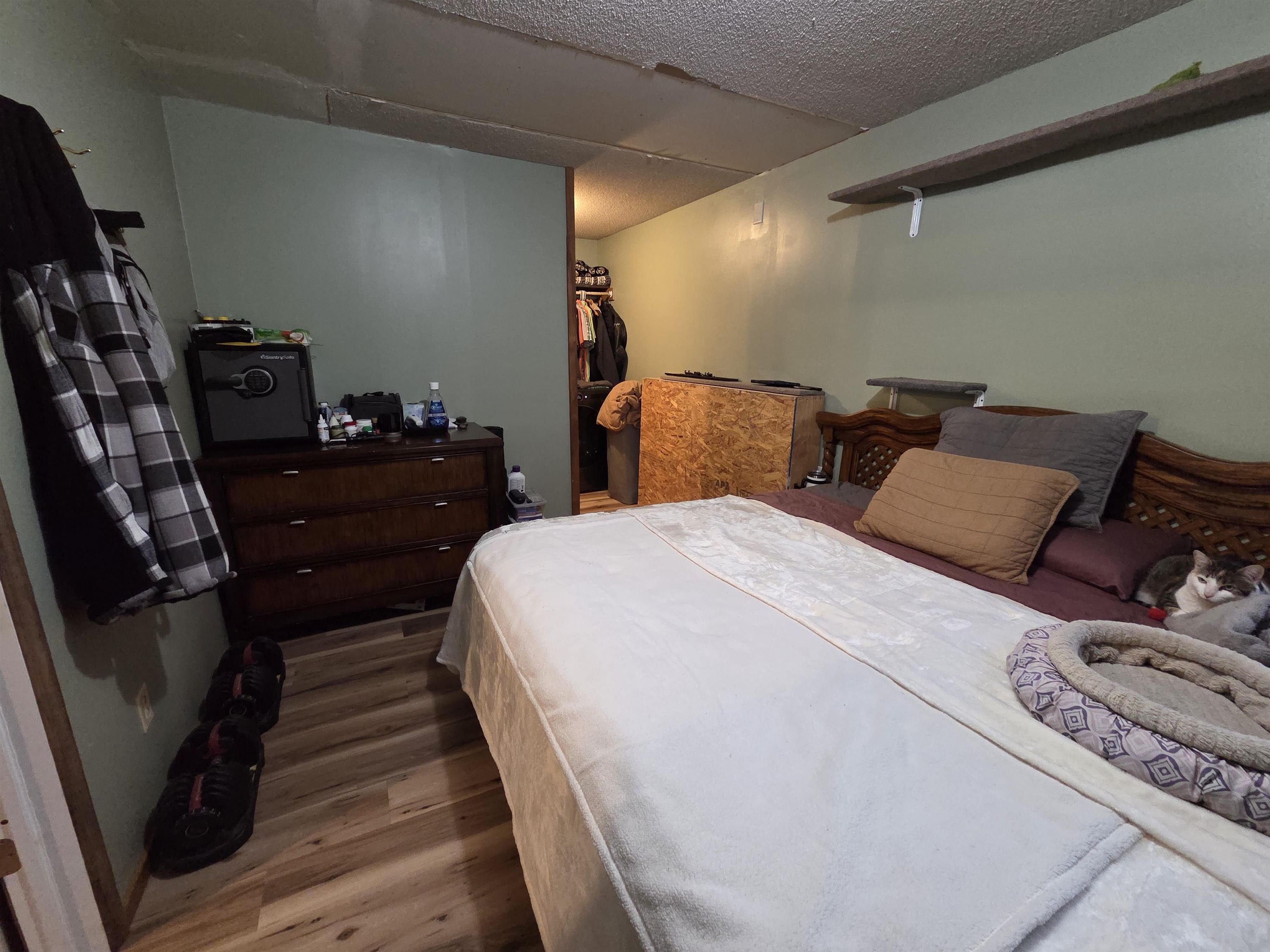 6821 Barrett Road Chisholm, MN 55719 - Photo 10 of 34 Bedroom featuring wood finished floors, a textured ceiling, and a spacious closet