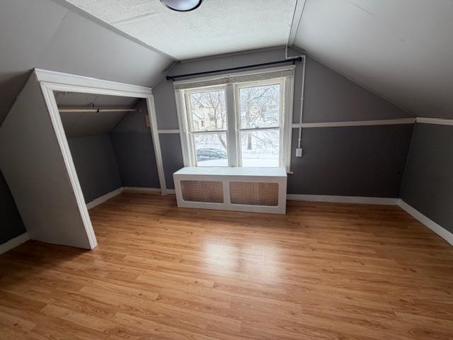 824 12th Street North Virginia, MN 55792 - Photo 20 of 34 Additional living space featuring radiator heating unit, light wood-type flooring, and a textured ceiling