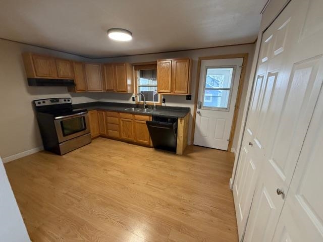 824 12th Street North Virginia, MN 55792 - Photo 2 of 34 Kitchen with dark countertops, stainless steel electric range oven, light wood-style flooring, wood finish cabinetry, and dishwasher