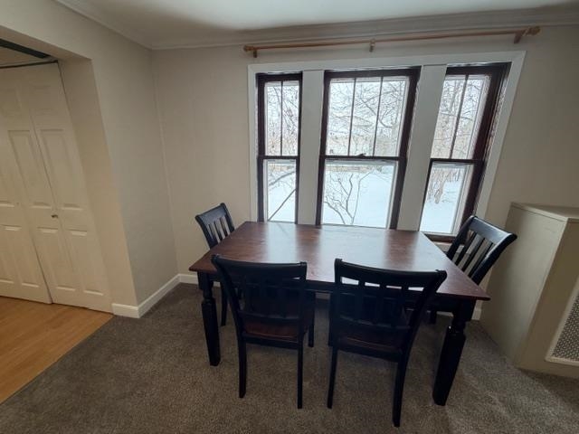 824 12th Street North Virginia, MN 55792 - Photo 6 of 34 Dining room featuring dark carpet, plenty of natural light, and ornamental molding