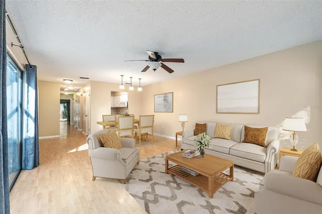 a living room with furniture a ceiling fan and a rug