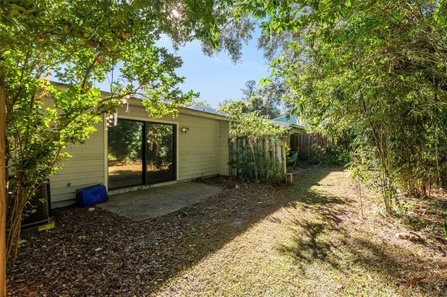 a view of a yard with plants and a large tree