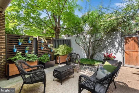 a view of a patio with couches table and chairs potted plants and large tree