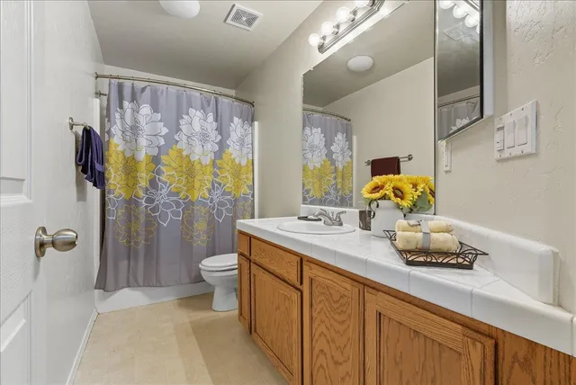 a bathroom with a granite countertop sink a toilet and shower
