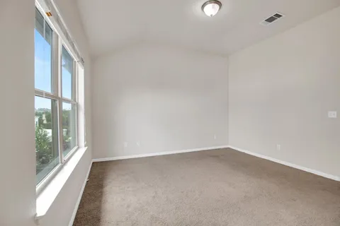 a view of a backyard with large trees and wooden fence