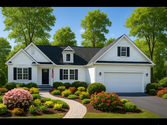 a front view of a house with a garden and plants
