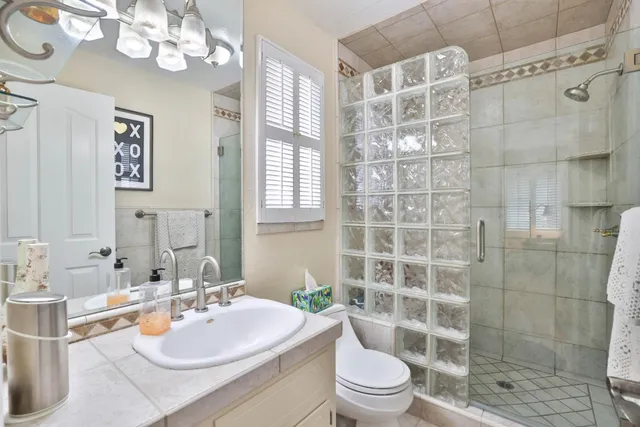 a bathroom with a sink a toilet a mirror a vanity and shower