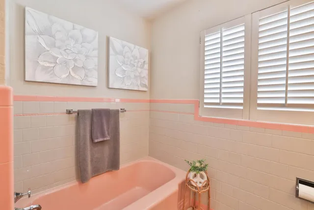 a bathroom with a bathtub and a shower