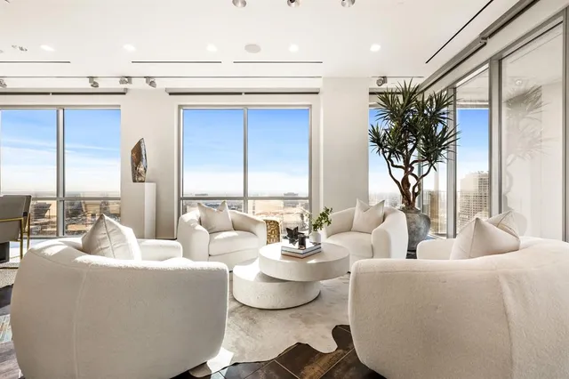a living room with furniture and a potted plant