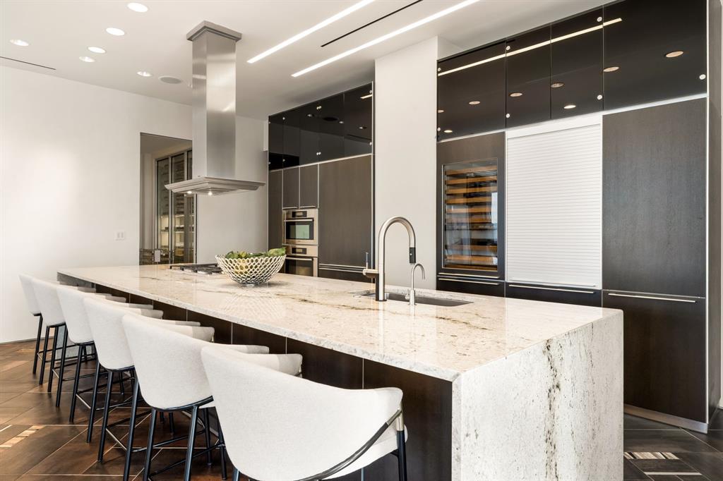 1717 Arts Plaza, Unit 2002 Dallas, TX 75201 - Photo 18 of 36 a kitchen with stainless steel appliances kitchen island granite countertop a sink and cabinets
