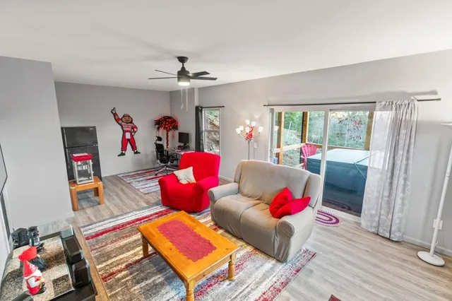 a view of balcony with wooden floor