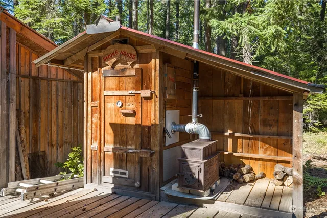 a backyard of a house with table and chairs