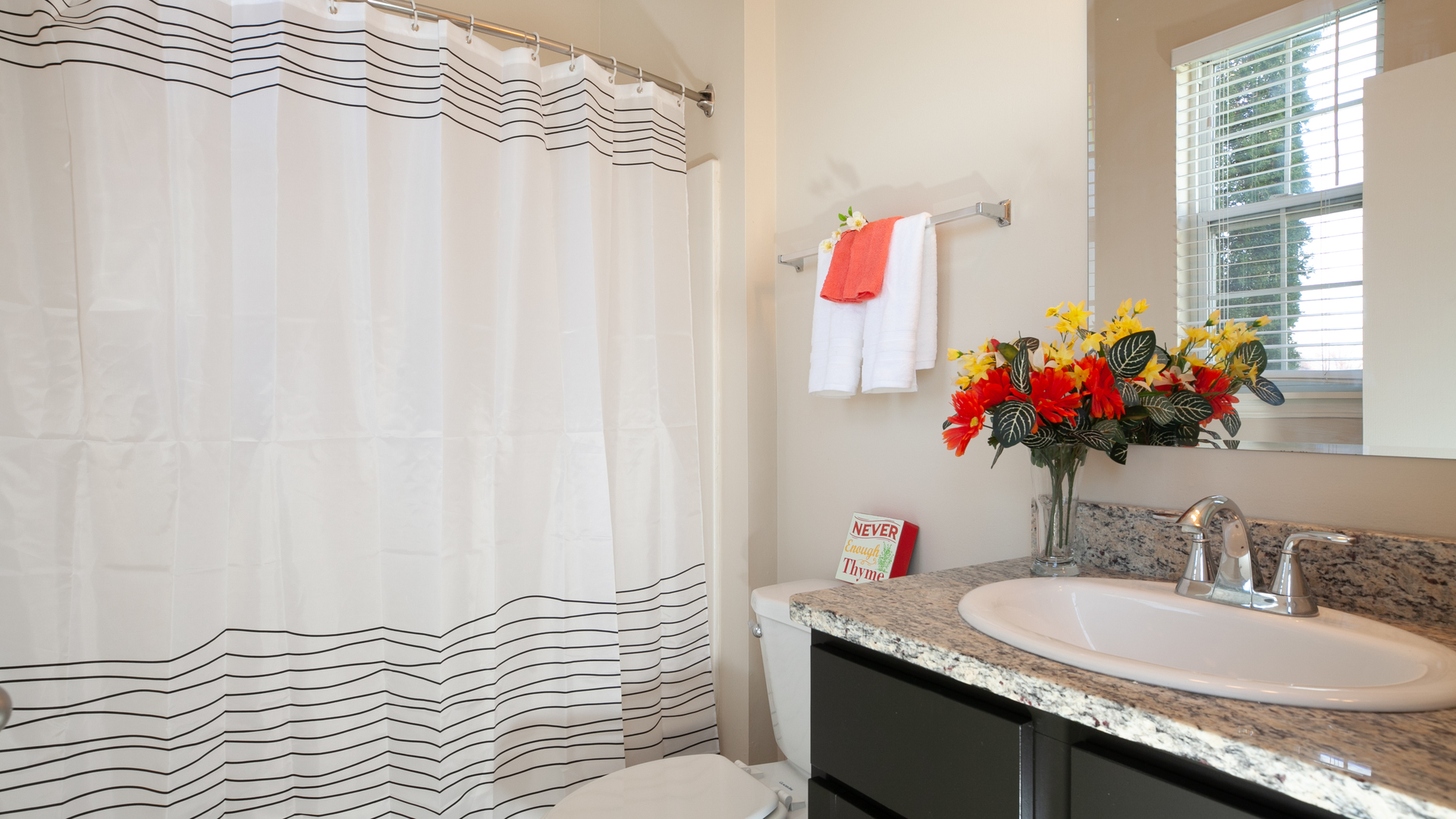 1850 Carrier Circle Plainfield, IL 60586 - Photo 9 of 13 a bathroom with a granite countertop sink a mirror and a shower curtain