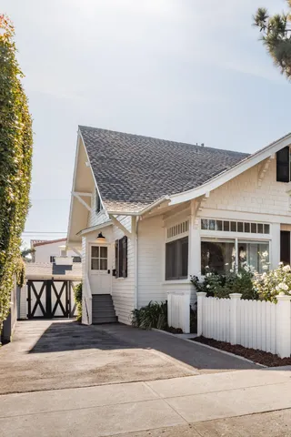 front view of a house with a patio