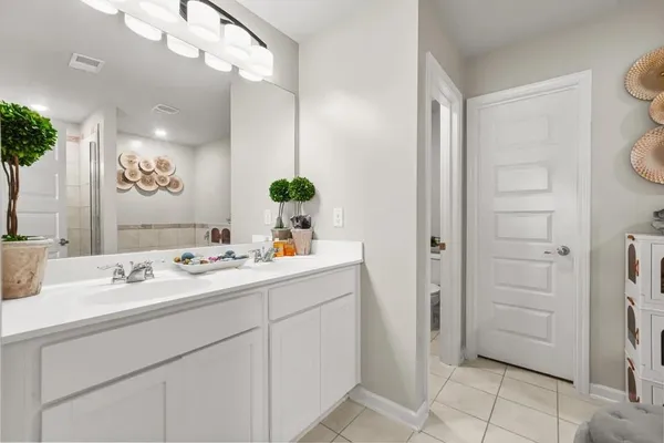 a bathroom with a sink a mirror and a shower