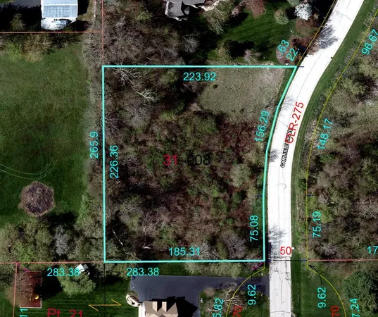 an aerial view of a house a yard and a fountain