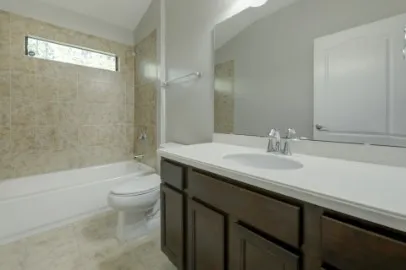 a bathroom with a sink a toilet a mirror a bathtub and shower