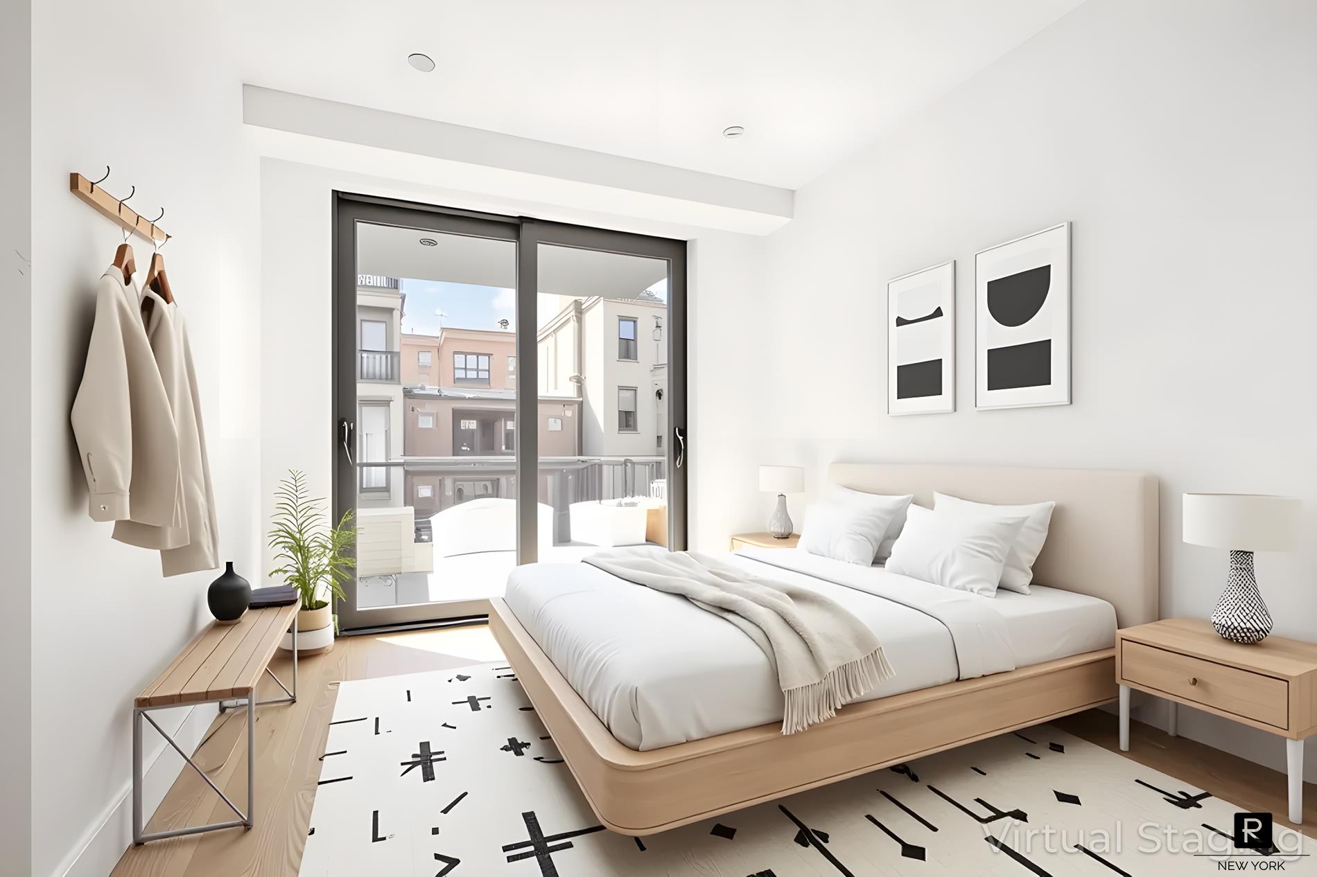 340 Metropolitan Avenue, Unit 5B Brooklyn, NY 11211 - Photo 7 of 12 a bedroom with a bed and a large mirror next to a window