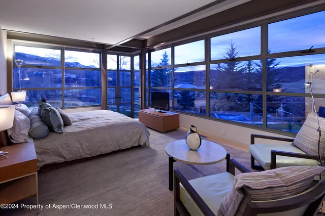 a bedroom with furniture and a large window