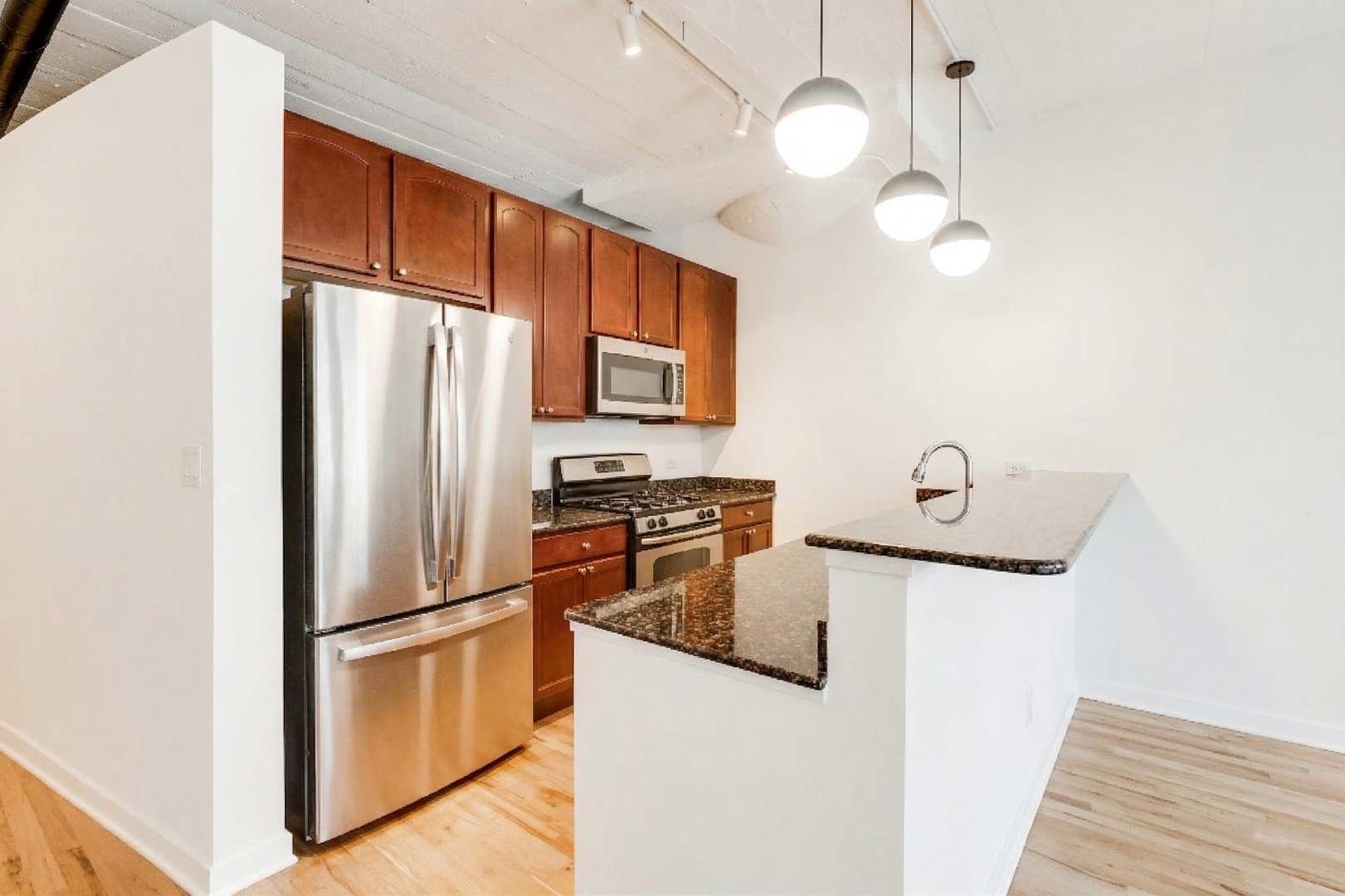 1069 West 14th Place, Unit 228 Chicago, IL 60608 - Photo 8 of 20 a kitchen with stainless steel appliances granite countertop a refrigerator a oven a sink and a refrigerator