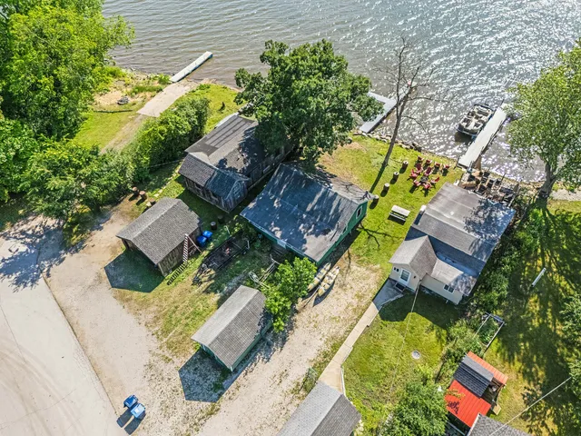 an aerial view of a house with a garden
